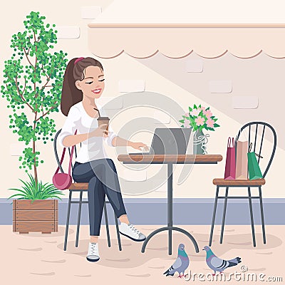 Pretty Girl Sitting in Street Cafe Vector Illustration