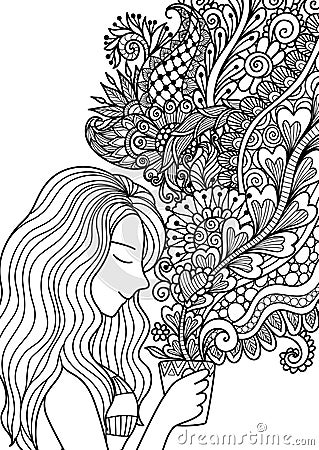 Pretty girl smell the floral coffee smoke for design element and adult or kids coloring book pages. Vector illustration. Vector Illustration