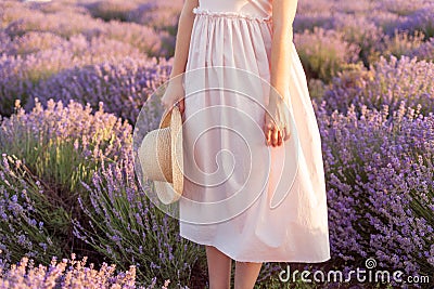 Pretty girl standing in the lavender field with fedora hat in her hand Long pink dress Stock Photo