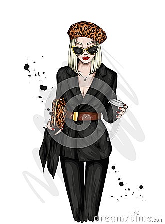 Pretty girl in a stylish suit and beret. Coffee. Vector illustration. Fashion and style, clothing and accessories. Vector Illustration