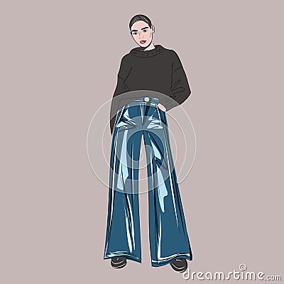 Pretty girl in a sweater and bell-bottomed jeans. Fashionable image, model, self-confidence, pride. Vector isolated Vector Illustration