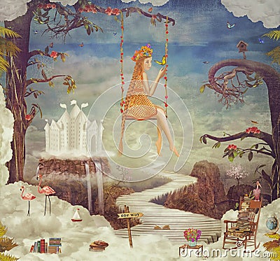 Pretty girl on a swing in fantastic sky Cartoon Illustration