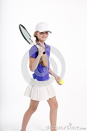 Pretty girl tennis player on white backgroud in studio Stock Photo