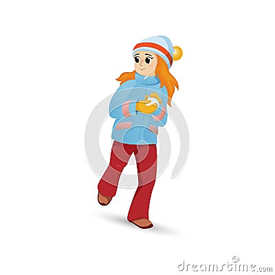 Pretty girl in warm clothes making snowball Vector Illustration