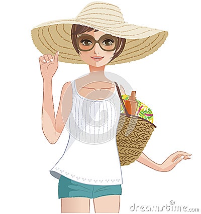 Pretty girl wearing a wide brimmed straw hat. Vector Illustration