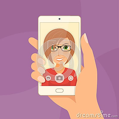 Pretty girl young woman takes selfie using a smartphone. Vector Illustration