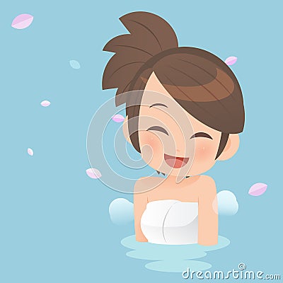 Pretty girls taking bath in onsen hot springs. Stock Photo