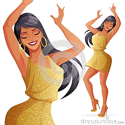 Pretty glamorous young dancing woman in golden dress with glitter. Vector Illustration