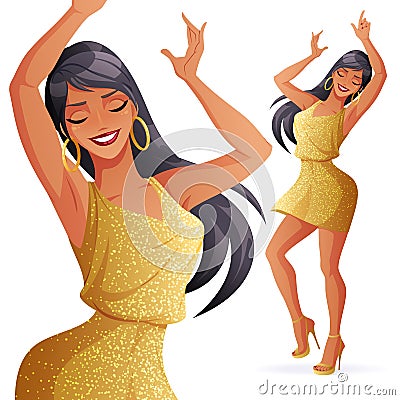 Beautiful dancing woman in golden glitter dress. Isolated vector illustration. Vector Illustration
