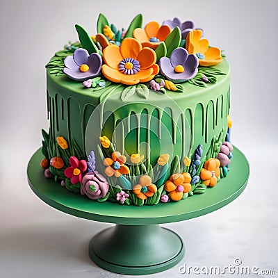 Pretty green floral fondant cake Stock Photo