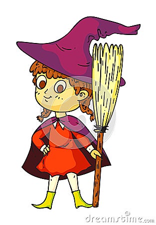 Pretty Halloween little witch with broom on white Vector Illustration