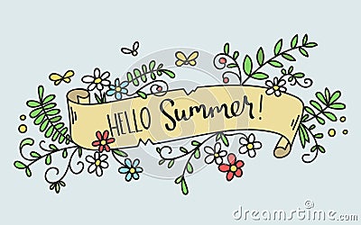 Pretty hand-drawn floral banner -Hello Summer- Stock Photo