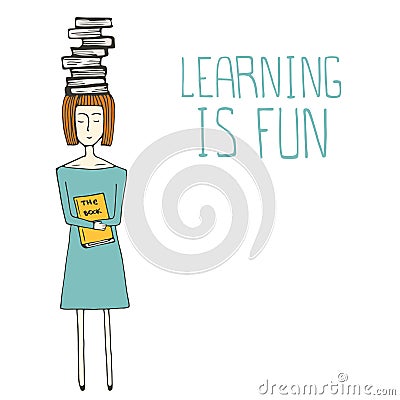 Pretty hand drawn girl with books Cartoon Illustration