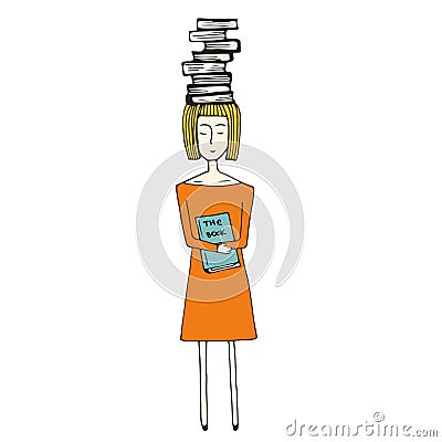 Pretty hand drawn girl with books Vector Illustration