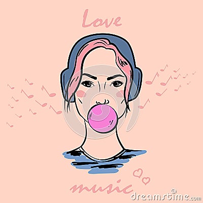 Pretty hand drawn girl listen to music Vector Illustration