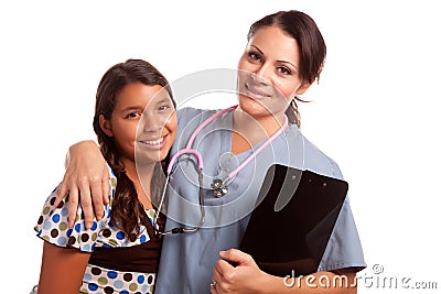 Pretty Hispanic Girl and Female Doctor Isolated Stock Photo