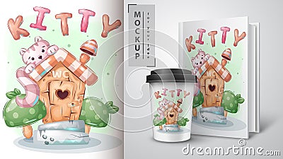 Pretty kitty in toilet poster and merchandising. Vector Illustration