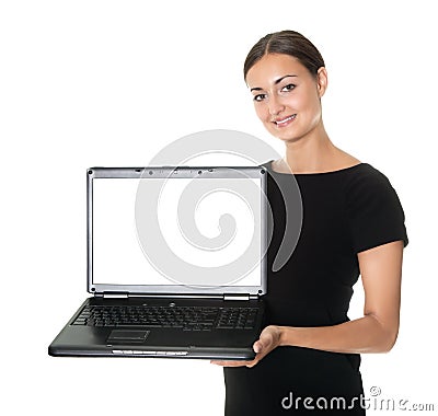 Pretty lady presenting a new laptop on white Stock Photo