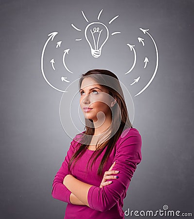 Pretty lady thinking with arrows and light bulb overhead Stock Photo