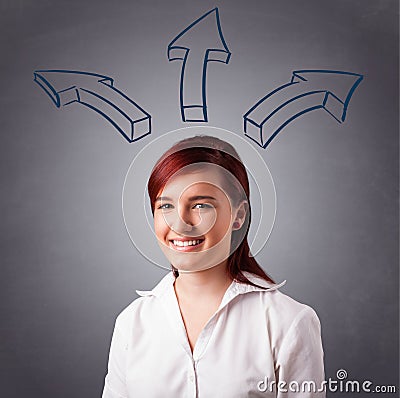 Pretty lady thinking with arrows overhead Stock Photo