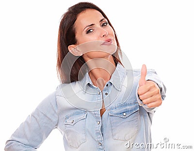 Pretty latin lady with good job gesture Stock Photo