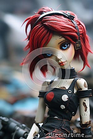 Neglected and lonely lifelike doll with bright red dyed hair in abandoned city backstreets - generative AI Stock Photo