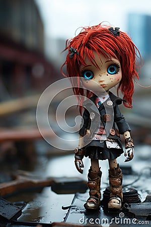Neglected and lonely lifelike doll with bright red dyed hair in abandoned city backstreets - generative AI Stock Photo