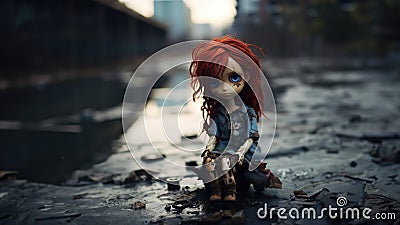 Neglected and lonely lifelike doll with bright red dyed hair in abandoned city backstreets - generative AI Stock Photo