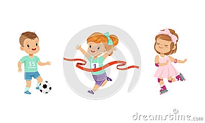 Pretty Little Boy and Girl Playing Sport Game Vector Set Vector Illustration