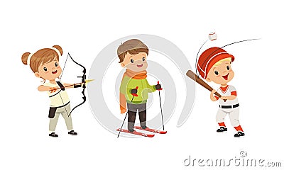 Pretty Little Boy and Girl Playing Sport Game Vector Set Vector Illustration