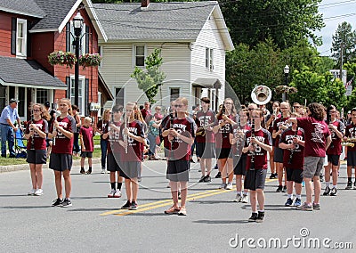 Quaint downtown area with marching bands playing music during All Things Oz Parade, Chittenango, New York, 2018 Editorial Stock Photo