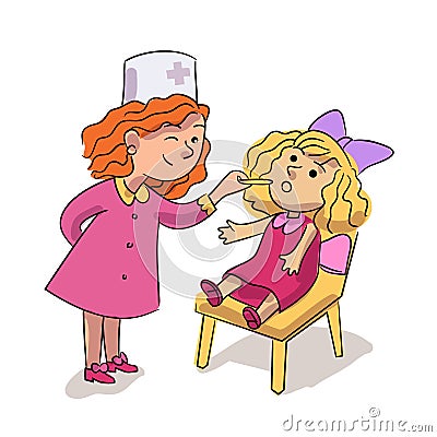 Pretty little girl doctor play in hospital. Young child examine doll throat with medical scapula tool. Kid wearing nurse Vector Illustration