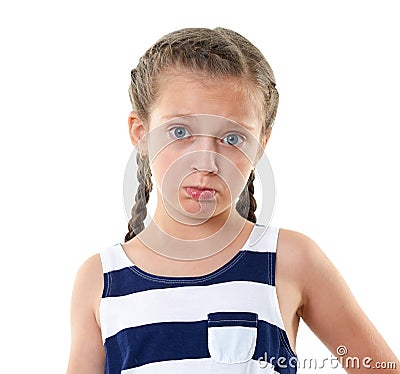 Pretty little girl in striped dress studio portrait, making a surprised face, white background Stock Photo