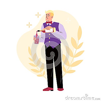 Pretty man bartender character in uniform pours alcohol from bottle into glass with ice Vector Illustration