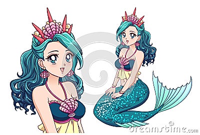 Pretty mermaid with curly cyan hair and shiny cyan fish tail and wearing shell crown. Retro anime style. Hand drawn vector Vector Illustration