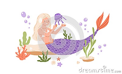 Pretty mermaid with long blonde hair and fish tail playing with jellyfish at sea bed. Cute underwater fairy princess Vector Illustration