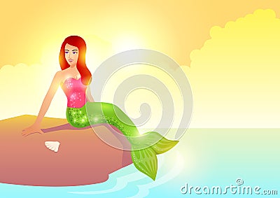 Pretty mermaid sitting on the rock during sunset Vector Illustration