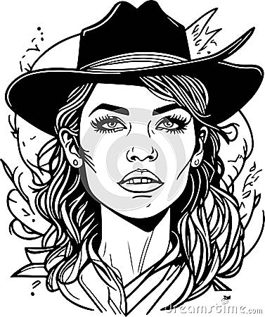 Pretty monochrome cowboy woman portrait great vector Vector Illustration