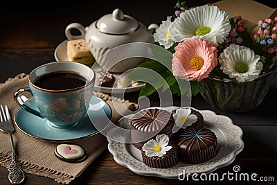 A pretty Mothers' Day table with flowers, coffee and cake. Stock Photo