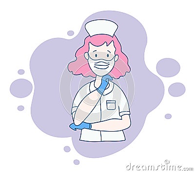 Pretty nurse in medical white workwear, mask and blue gloves. A doctor saves people from a virus and a pandemic. Vector Vector Illustration