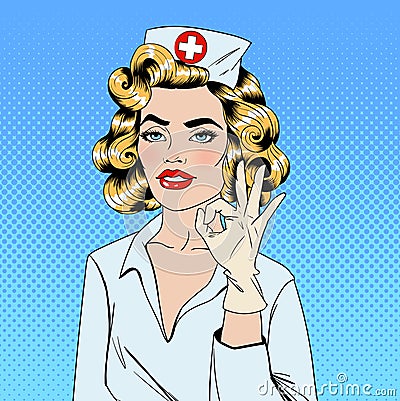 Pretty Nurse in Pop Art Style Gesturing Okay Vector Illustration