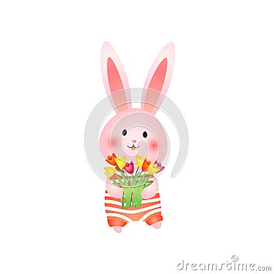 Cute rosy easter bunny with flowers isolated on white background Vector Illustration