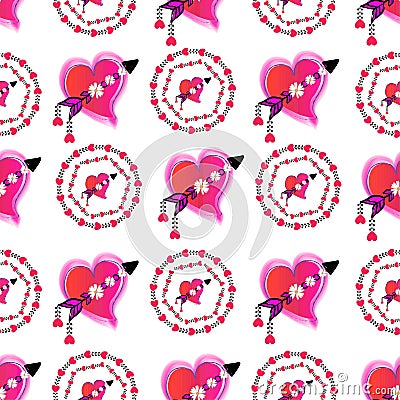 Pretty pink gradient hand drawn arrow and heart brushes seamless pattern on white background Vector Illustration