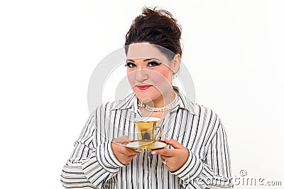 Pretty plus size woman with coffee Stock Photo