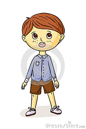 Pretty preschool boy singing song standing. Little male choral artist isolated on white. Choir vocal ensemble at school Vector Illustration