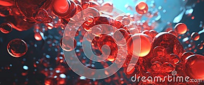 Pretty red bubbles background with dark colors, many perfect illuminated circles in various sizes floating under water Stock Photo