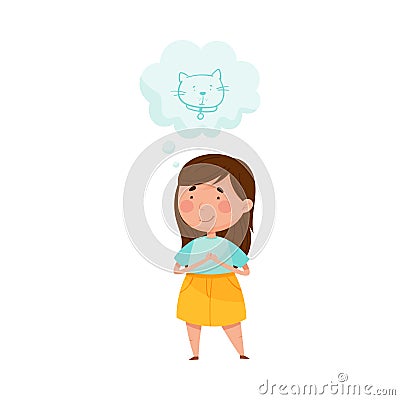 Pretty Red Cheeked Girl Standing and Dreaming about Cat Pet Vector Illustration Vector Illustration