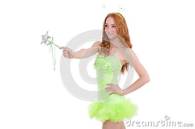 Pretty red hair fairy in green dress isolated on Stock Photo