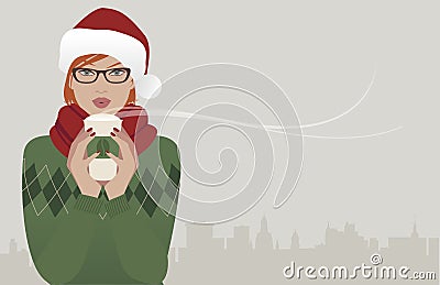 Pretty redhaired girl wearing glasses and a santa hat drinking a hot drink at Christmas. Vector Illustration