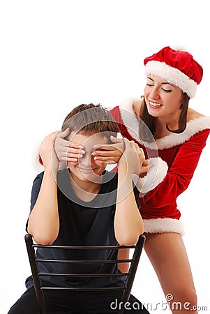 Pretty Santa playing with the boy. Stock Photo
